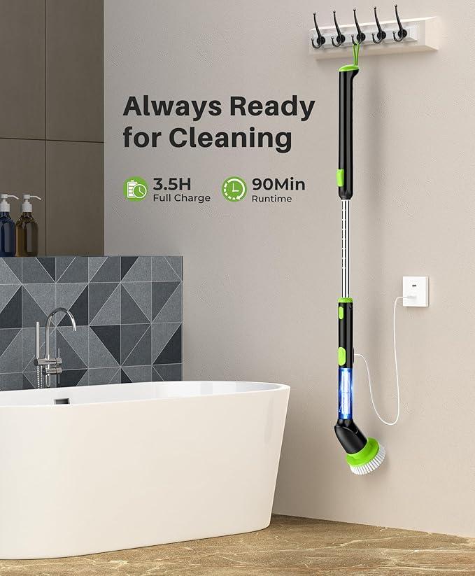 LyriFine Electric Spin Scrubber, 2024 New Full-Body IPX7 Waterproof Bathroom Cleaner Brush, Shower Scrubber with Long Handle & 2 Speed, Heads Replacement, Cleaning Supplies for Tub Shower Tile Floor - NeatNest