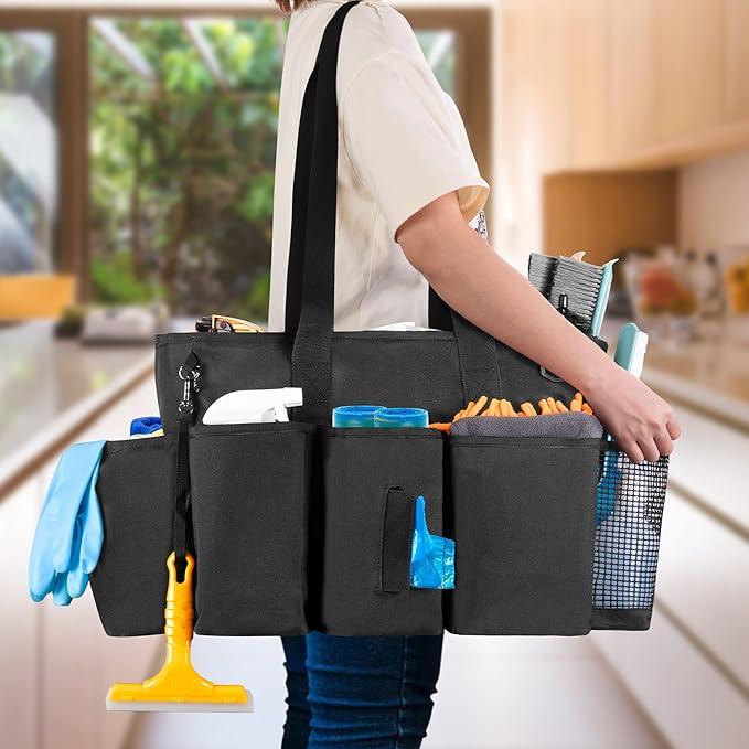 LoDrid Professional Cleaning Tote Caddy for Cleaning Supplies, Cleaning Bag Organizer with Dividers and Handle Strap for Housekeepers Work, Black, (Bag Only) - NeatNest