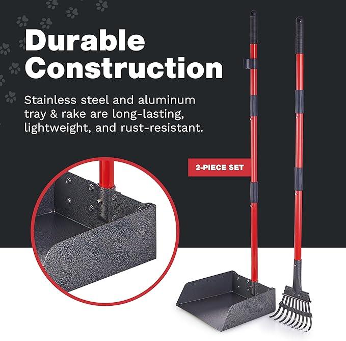 Pooper Scooper for Large Dogs, Small Dogs and Horses, Metal Poop Scooper Set with Long Handle Rake and Tray for Yard, Grass, Dirt or Gravel, Heavy Duty Aluminum Poop Picker Upper - NeatNest
