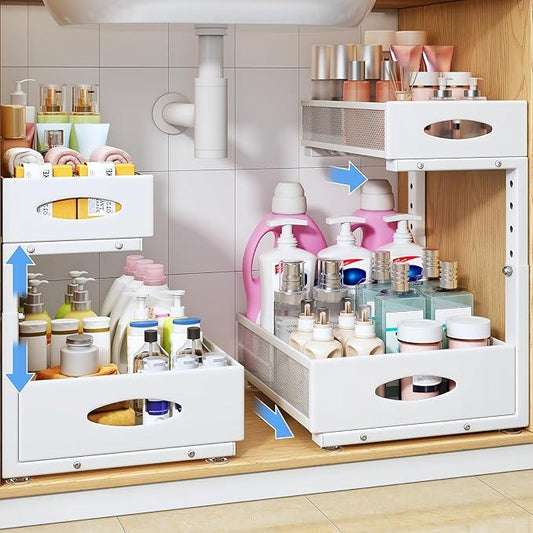 Under Sink Organizer, 2 Tier Pull Out Under Cabinet Organizer Shelf with Pad for Framed Cabinets, Metal Slide Out Under Sink Storage, Mesh Sliding Drawers for Kitchen Bathroom Laundry(White, 1 Pack) - NeatNest