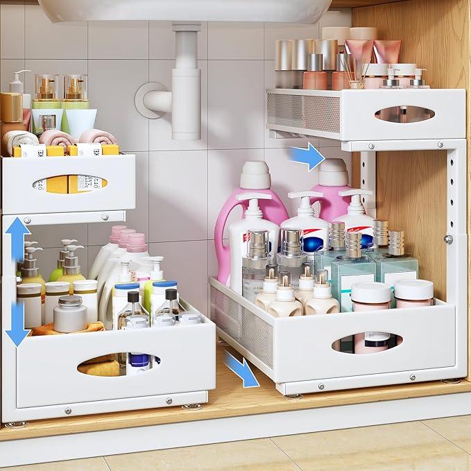 Under Sink Organizer, 2 Pack 2 Tier Pull Out Under Cabinet Organizer Shelf with Pad for Framed Cabinets, Metal Slide Out Under Sink Storage, Mesh Sliding Drawers for Kitchen Bathroom Laundry, White - NeatNest