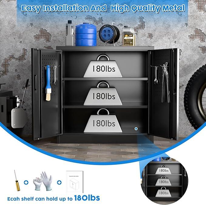SUXXAN Metal Storage Cabinet with Pegboard 31.5”H×31.5”W×16.5”D, Lockable Rolling Steel Storage Cabinet with 2 Adjustable Shelves and Door for Garage, Office, Kitchen, Assembly Required(Black) - NeatNest