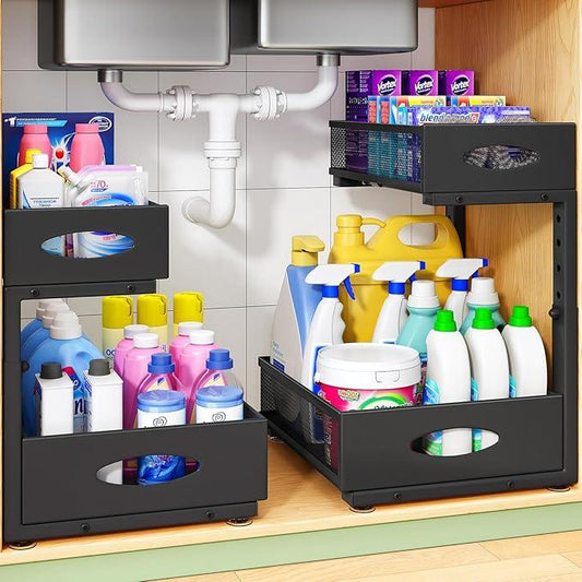 Under Sink Organizer, 2-Pack Pull Out Cabinet Organizer 2 Tier Metal Slide Out Storage Shelf Rack, L-Shaped Adjustable Height,Mesh Sliding Drawer for Kitchen, Bathroom, Laundry, Pantry, Black, XL - NeatNest