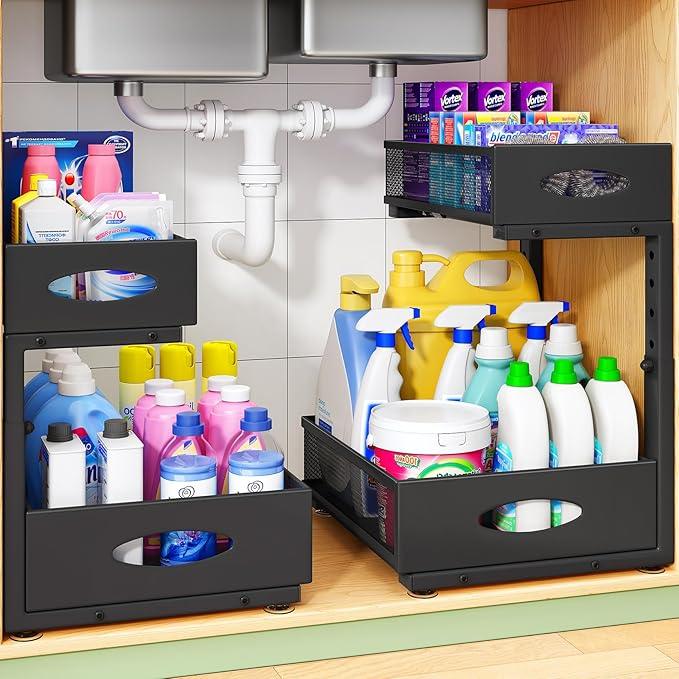 Under Sink Organizer, 1-Pack Pull Out Cabinet Organizer 2 Tier Metal Slide Out Storage Shelf Rack, L-Shaped Adjustable Height,Mesh Sliding Drawer for Kitchen, Bathroom, Laundry, Pantry, Black, XL - NeatNest