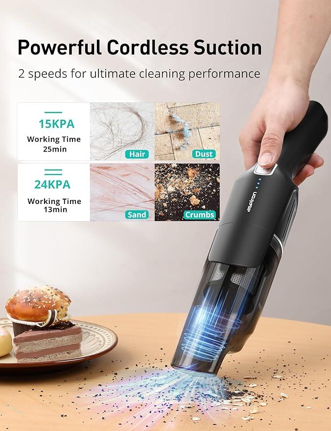 Aspiron Cordless Handheld Vacuum, 24KPA Powerful Car Vacuum, 2-Speed, 2 Charging Methods, Wireless Charger, Ergonomic Handle, Portable Rechargeable Vacuum Cleaner for Car, Home, Black Grey - NeatNest