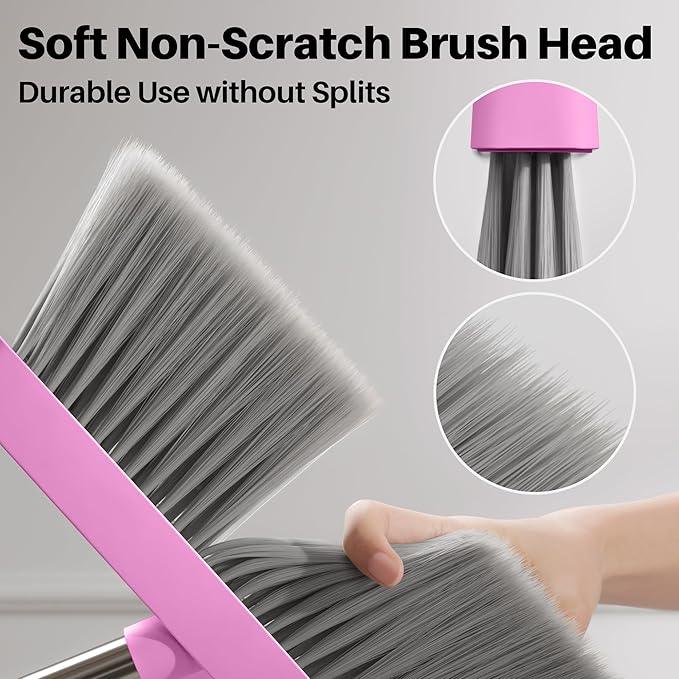 JOYMOOP Pink Broom and Dustpan Set, Upright Angle with Built-in Comb Teeth for Kitchen, Lobby, Pet Hair and Hard Floors - NeatNest