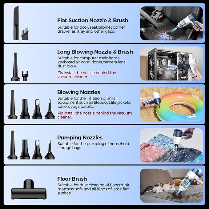 Car Vacuum Cleaner Cordless, 4 in 1 Portable Vacuum Cleaner 16000PA High Power Air Duster & Air Blower & Pump, Rechargeable Handheld Vacuum with Brushless Motor, Multi-Nozzles for Car, Home, Office - NeatNest