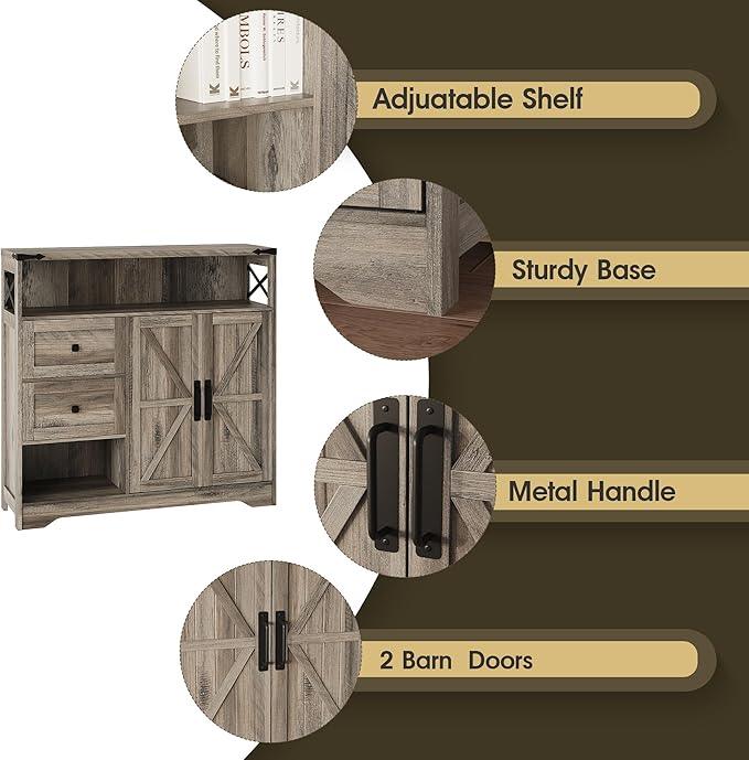 Fameill Farmhouse Storage Cabinet with Drawers and Open Storage,Freestanding Kitchen Pantry with 2 Barn Doors, Floor Cabinet with Adjustable Shelf for Living Room,Grey - NeatNest