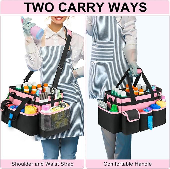 Cleaning Caddy,Large Cleaning Bags for Housekeepers,Cleaning Supplies Organizer with Handle,Pink - NeatNest