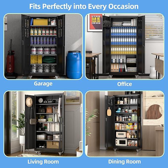SUXXAN Metal Garage Storage Cabinet with Wheels and Pegboard, 71'' x 34'' x 18'' Lockable Rolling Steel Cabinet with 5 Adjustable Shelves and Door for Garage, Office, Kitchen, Assembly Required - NeatNest
