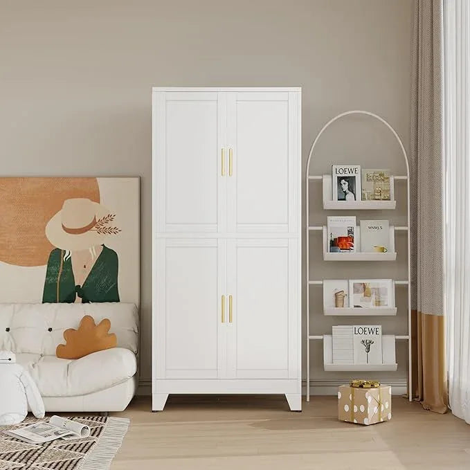 47“H White Metal Bathroom Storage Cabinet, Kitchen Pantry Cabinet with Doors and 3 Adjustable Shelves, Bathroom cabinets Organizer, for Home Office, Bedroom - NeatNest