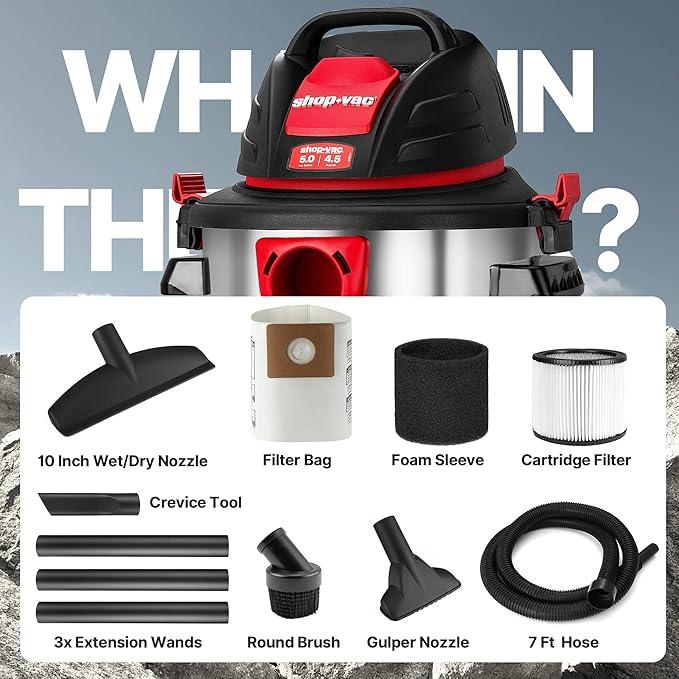 Shop-Vac 5 Gallon 4.5 Peak HP Wet/Dry Vacuum, Stainless Steel Tank, Portable Shop Vacuum with Filter, Hose and Accessories for Garage, Workshop. 5920588 - NeatNest