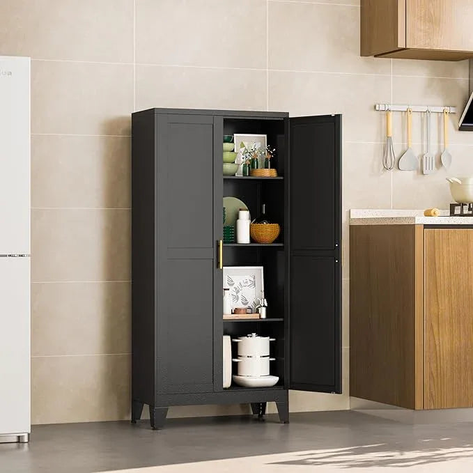 Black Metal Storage Cabinet, 48" Steel Cabinets for Home Office, Kitchen Pantry Storage Cabinet with Doors and 3 Adjustable Shelves, for Office, Home, Garage, School - NeatNest