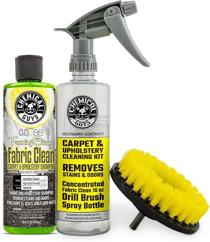 Chemical Guys Foaming Citrus Fabric Clean Drill Brush Kit - High Foaming Stain and Odor Remover, Upholstery, Floor Mat & Car Carpet Cleaner, Deep Cleans & Deodorizes, Citrus Scent - 16 fl oz - NeatNest