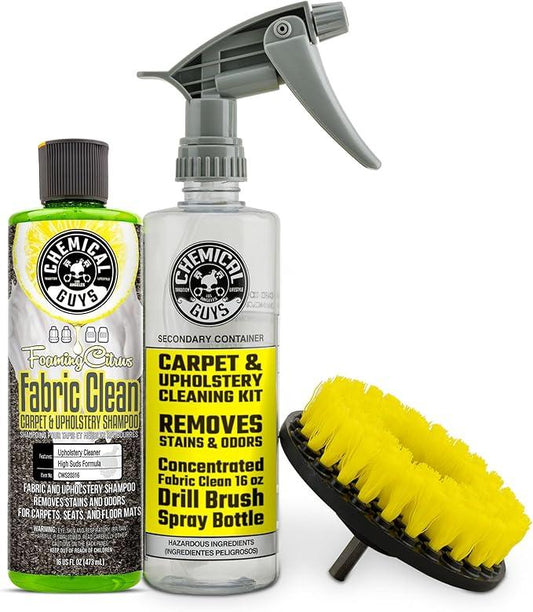 Chemical Guys Foaming Citrus Fabric Clean Drill Brush Kit - High Foaming Stain and Odor Remover, Upholstery, Floor Mat & Car Carpet Cleaner, Deep Cleans & Deodorizes, Citrus Scent - 16 fl oz - NeatNest