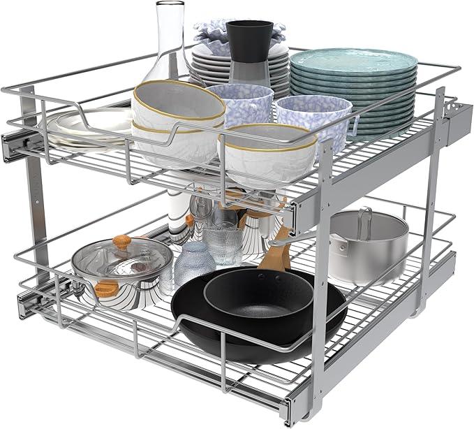 2 Tier Pull Out Cabinet Organizer 20" W X 22" D, Slide Out Drawers For Kitchen Cabinets, Pull Out Drawers For Cabinets Capacity Heavy Duty Caddy, Cabinet Pullout Shelves Chrome-Plated,Bathroom Pantry - NeatNest