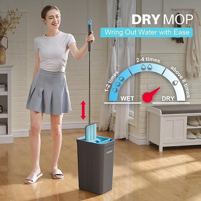 JOYMOOP Mop and Bucket Set with Wringer, Mops for Floor Cleaning, Wall Mop Cleaner with Long Handle, with 4 Reusable Microfiber Mop Pads - Grey+Cyan Blue - NeatNest