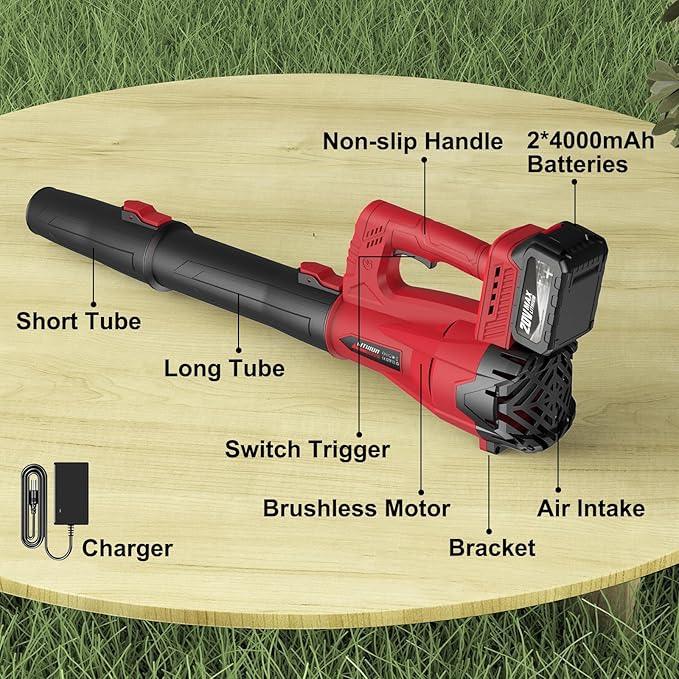 Leaf Blower Cordless with 2 x 4.0Ah Battery and Charger, 160MPH/580CFM High Power Lightweight Handheld Electric Snow Blower with 2 Extended Tubes for Lawn,Yard Garden, Leaves, Dust, Snow Care (Red) - NeatNest