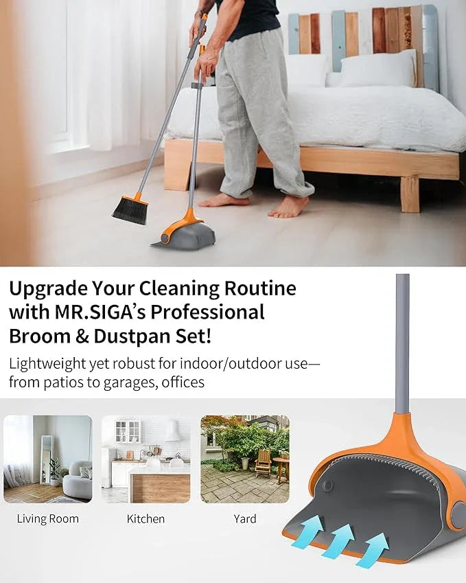 MR.SIGA Broom and Dustpan Set with Long Handle, Stand Upright Broom with Dustpan Combo for Cleaning Office, Garage, Lobby, Lightweight Sweeping Set, 51.7"(131 cm) Long Handle, Gray & Orange - NeatNest