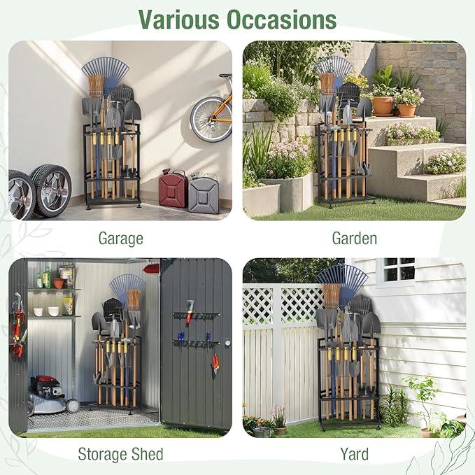 Garden Tool Organizer for Corner,Metal Yard Tool Organizer for Long-Handled Tools/Rakes/Brooms,Side Garden Pocket,Heavy Duty Steel Yard Tool Storage Rack for Garage,Shed, Outdoor - NeatNest