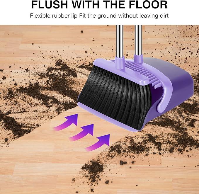 NACENA Broom and Dustpan Set, 52-in Long Adjustable Handle Broom Dustpan Combo with Dustpan Teeth to Automatically Clean Hair Suitable for Home Kitchen Office Hall Floor (Purple), 4 Pack - NeatNest