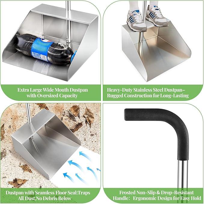 Extra Large Dust Pan with Long Handle,Heavy Duty Metal Dust Pan for Jumbo Debris Pan-Commercial Stand up Dustpan,Wide Mouth Outdoor Dustpan for Courtyards/Garage/Sidewalks-Professional Cleaning - NeatNest