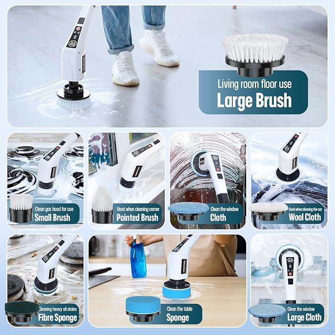 Electric Spin Scrubber, Cleaning Brushes for Household Use with 8 Replaceable Brush Heads, Power Scrubbers for Cleaning Bathroom, Extension Bath Brush Long Handle for Shower, Tub, Kitchen, Tile, Floor - NeatNest