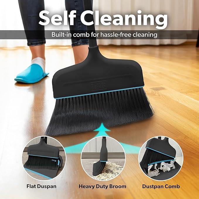 BLACK+DECKER Butler Broom & Dustpan Set - Short Handle, Stand-Up Design - Lightweight, Space-Saving Combo for Kitchen, Living Room, Bathroom, Lobby Floors - Home Cleaning Essential, Black/Blue - NeatNest