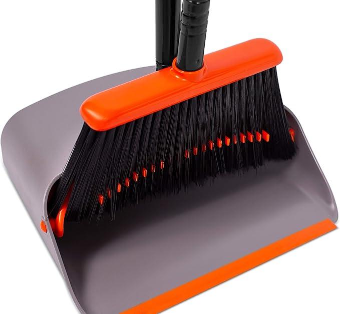 BirdRock Home Broom and Dustpan Set - Lobby Dust Pan - Orange and Grey Durable Set - Indoor or Outdoor - Sweep Combo Great for Kitchen, Home, Garage and Office - Clip On Self Cleaning Bristles - NeatNest