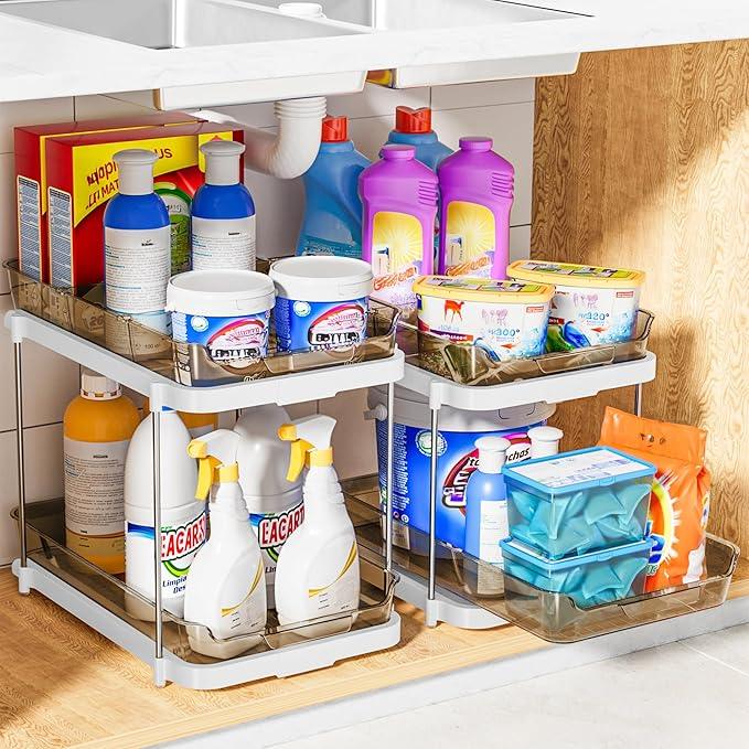 Delamu 2-Tier Multi-Purpose Bathroom Under Sink Organizers and Storage, Stackable Kitchen Pantry Organization, Pull Out Medicine Cabinet Organizer with Movable Dividers, Amber, 4 Pack - NeatNest