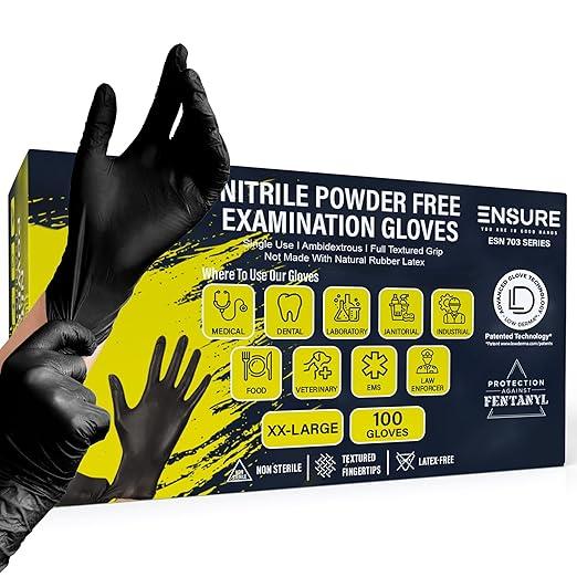 Ensure Black Nitrile Gloves Low Dermatitis 7 Mil, Heavy Duty, Puncture & Chemical Resistant, Disposable, Latex-Free, for Automotive, Industrial, Mechanic, Food Service, Exam Gloves (100, XX-Large) - NeatNest