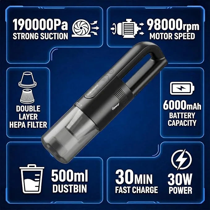 Handheld Vacuum Cordless, 5-in-1 Car Vacuum Portable Cordless 30 Mins Rapid Rechargeable Hand Vacuum Brushless Motor 19000Pa Strong Suction, Dust Busters for Car Home with 4 Nozzles, Black - NeatNest