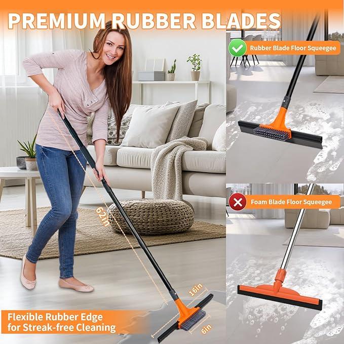 Rubber Floor Squeegee for Concrete Tile Floor, Large Water Squeegee Heavy Duty with Scrub Brush and Long Handle for Cleaning,Squeegee Broom for Window Garage Kitchen Bathroom Deck - NeatNest