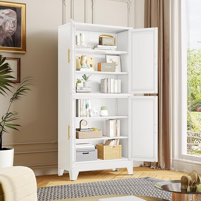 75" H Tall Kitchen Pantry Cabinet, Pantry Storage with Doors and 3 Adjustable Shelves, Metal Storage, Cupboard for Kitchen, White - NeatNest