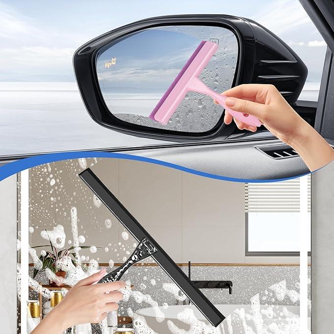 All-Purpose Silicone Shower Squeegee for Shower Glass Door,with 2 Hooks & Pink Mini Squeegee,for Bathroom Glass, Car, Tile Wall, Mirror Cleaning - Easy-Grip Handle 14 Inch Black - NeatNest