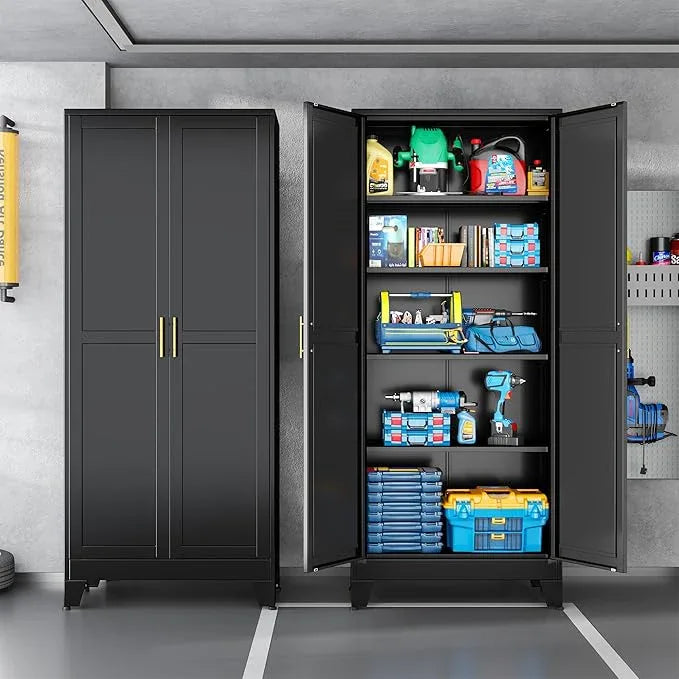 Black Metal Storage Cabinet,75" Steel Cabinets for Home Office, Kitchen Pantry Storage Cabinet with Doors and 5 Adjustable Shelves, Tool Cabinets, for Office, Home, Garage, School - NeatNest