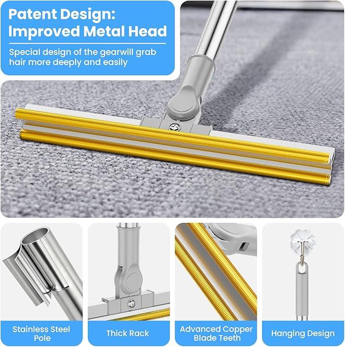 3 in 1 Carpet Rake for Pet Hair Removal, Tool Set of 3, 55” Long Handle Carpet Pet Hair Removal Carpet Scraper Dog Cat Hair Remover for Sofa, Couch, Car, Rug (Gray) - NeatNest