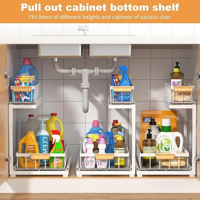 Under Sink Organizer, Pull Out Cabinet Organizer 2 Tier Slide Out Sink Shelf Cabinet Storage Shelves,Kitchen & Bathroom Organizers,Metal (White, 1 Pack-14.6 * 10.6 * 16.5in) - NeatNest
