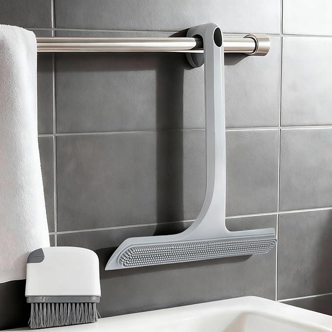 10.7“ Wide All-Purpose Shower Squeegee for Glass Doors, Squeegee for Shower Glass with Hook, Window Squeegee with Double-Ended Gap Brush Set for Shower, Bathroom, Car Glass, Mirror (Gray) - NeatNest