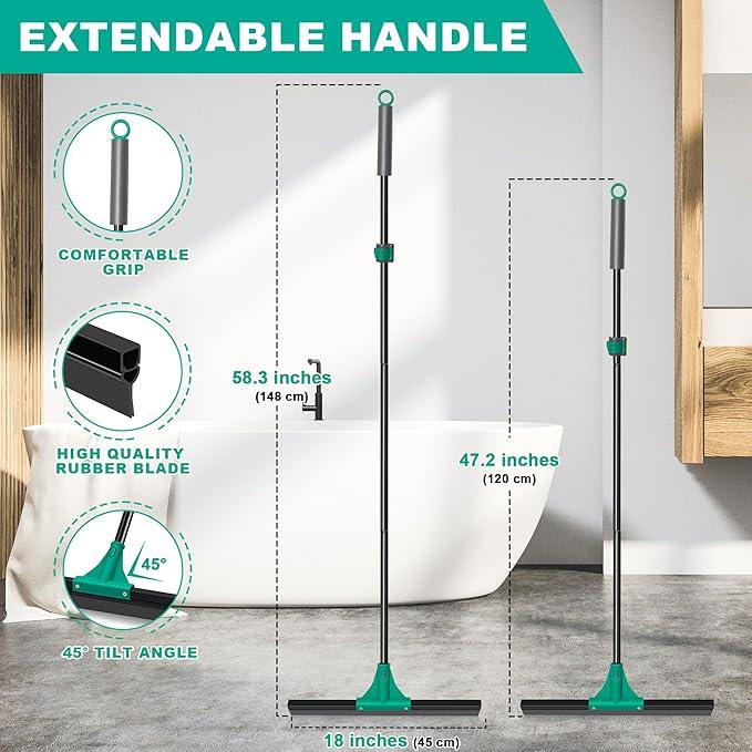 JEHONN Floor Squeegee Heavy Duty with 58.3 inches Long Handle, Rubber Scraper Broom for Cleaning Foam Water on Garage Concrete Bathroom Tile Marble Shower Glass Shop Deck Window Indoor Outdoor Green - NeatNest