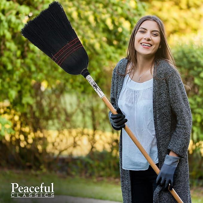 Handmade Amish Corn Broom with Wooden Handle – 57" Heavy Duty Broom for Courtyard, Lobby & Market, 100% Corn Fill Straw Broo'm, 4 Sews Indoor & Outdoor Bristle for Sweeping - Black - NeatNest