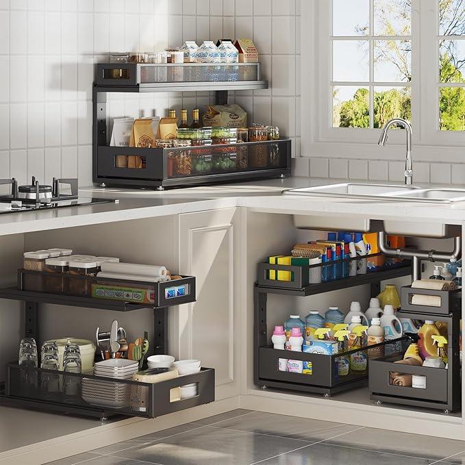 2 Pack 21.3IN-Depth Under Sink Organizer with Next-Gen Ball-Bearing Slides,2-Tier Pull Out Cabinet Storage,Height Adjustable Drawer Shelf for Bathroom,Kitchen,Laundry,Cabinet,Pantry-Black - NeatNest
