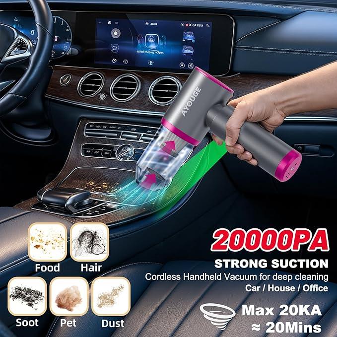 Car Vacuum Portable Cordless, 20000PA High Power Vacuum Cleaner, Brushless Motor, 3-Speed Modes, 4 in 1 Compressed Air Duster, Air Blower, Pump Handheld Vacuum with LED for Car, Home, Office, Camping - NeatNest