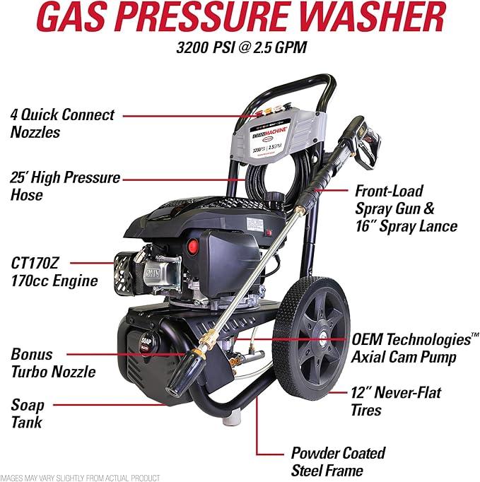 Simpson Cleaning 3200 PSI Gas Pressure Washer, 2.5 GPM Power Washer with Soap Tank and Turbo Nozzle, 25-Foot HyFlex Hose, Clean Machine, 49-State (CM61456) - NeatNest