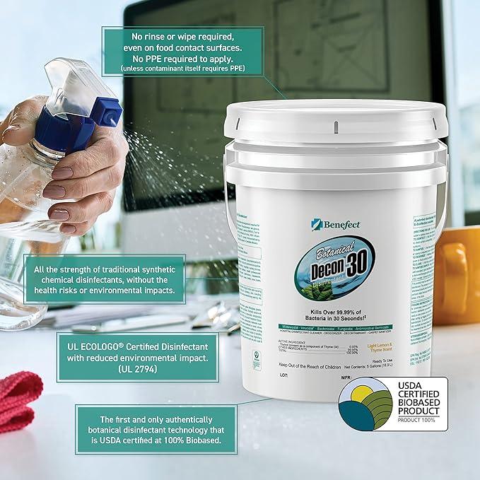 Benefect Botanical Decon 30 Disinfectant Cleaner, 5 Gallon, Light Lemon & Thyme Scent, Hospital Grade Disinfectant, Kills Over 99.99% of Germs, Safe for Food-Contact Surfaces - NeatNest