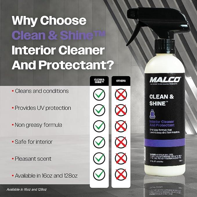 Malco Clean & Shine Interior Car Cleaner and Dressing – Restore Leather, Plastic and Vinyl Surfaces in Your Vehicle/Clean, Condition and Protect in 1 Simple Step / 16 oz. (125916) - NeatNest