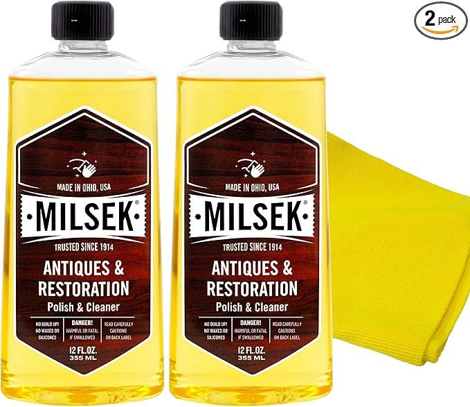 Milsek Antiques & Restoration Polish & Cleaner - Home Essential Cleaning Supplies for Home Improvement of any Wood Antiques or Heirlooms - 12 Fl Oz (Pack of 2) with Microfiber Towel - NeatNest