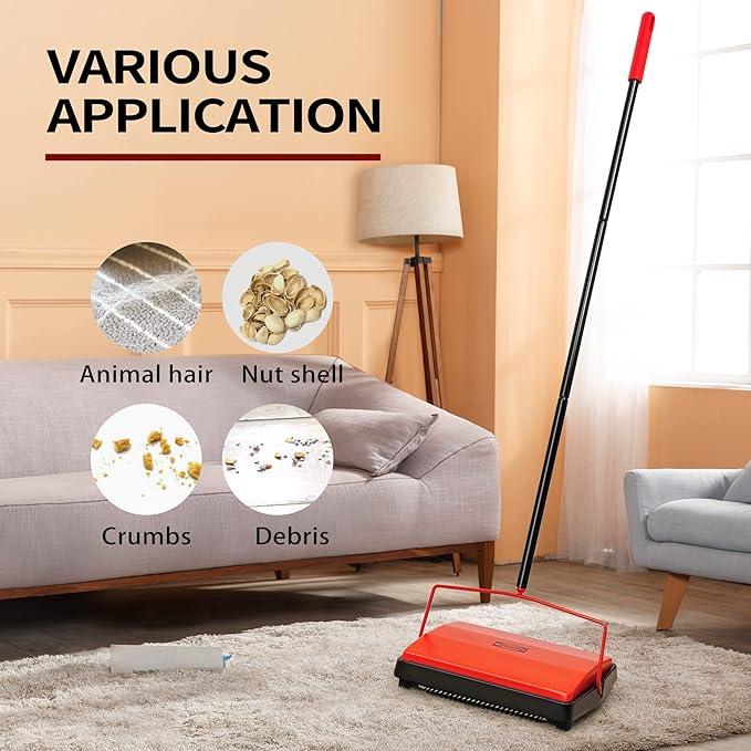 JEHONN Carpet Floor Sweeper Manual with Horsehair, Non Electric Quite Rug Roller Brush Push for Cleaning Pet Hair, Loose Debris, Lint (Red) - NeatNest