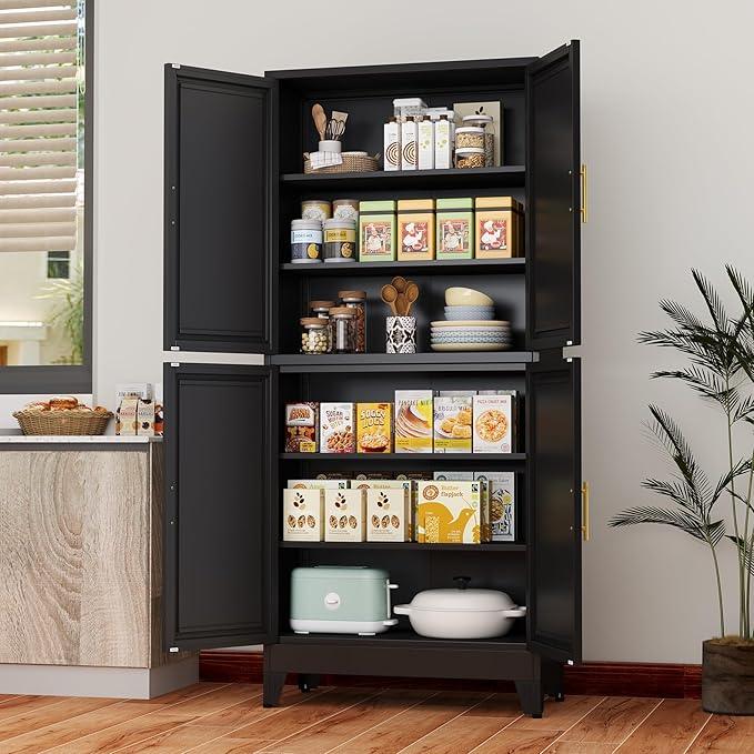 75" H Tall Kitchen Pantry Cabinet, Pantry Storage with Doors and 3 Adjustable Shelves, Metal Storage, Cupboard for Kitchen, Black - NeatNest