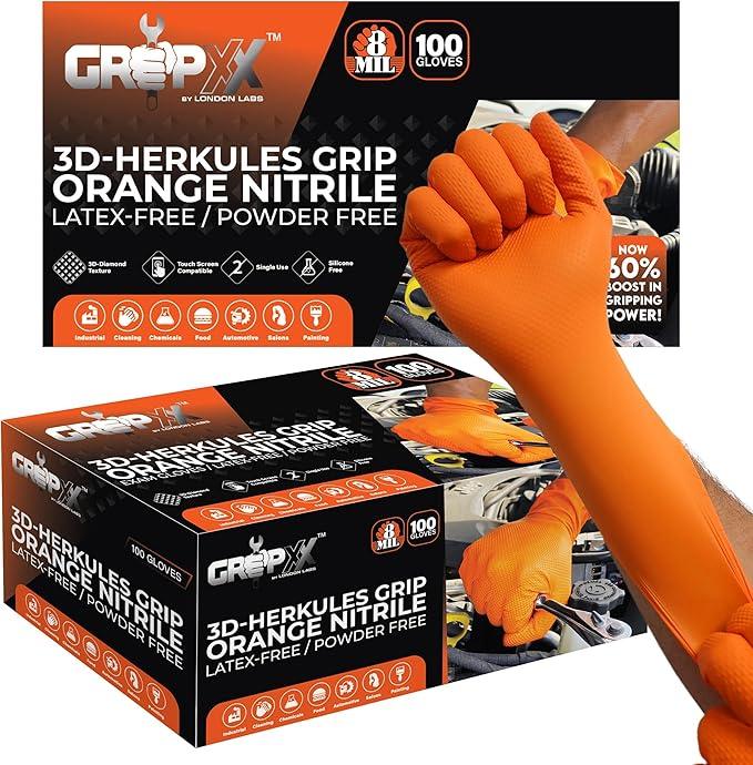 Herkules Grip Heavy Duty 8Mil Orange Nitrile Gloves,3D Raised Diamond Texture-Latex & Powder Free-Industrial, Mechanic (2, Medium) - NeatNest